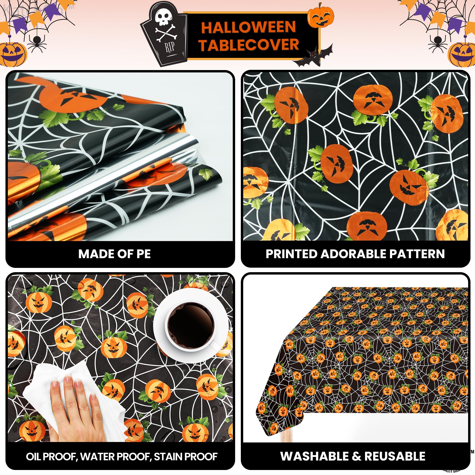 KatchOn, Pumpkin Halloween Tablecloth Plastic - Pack of 3 | Halloween Table Cloths Disposable 72x54 Inch Halloween Table Decorations | Halloween Party Decorations