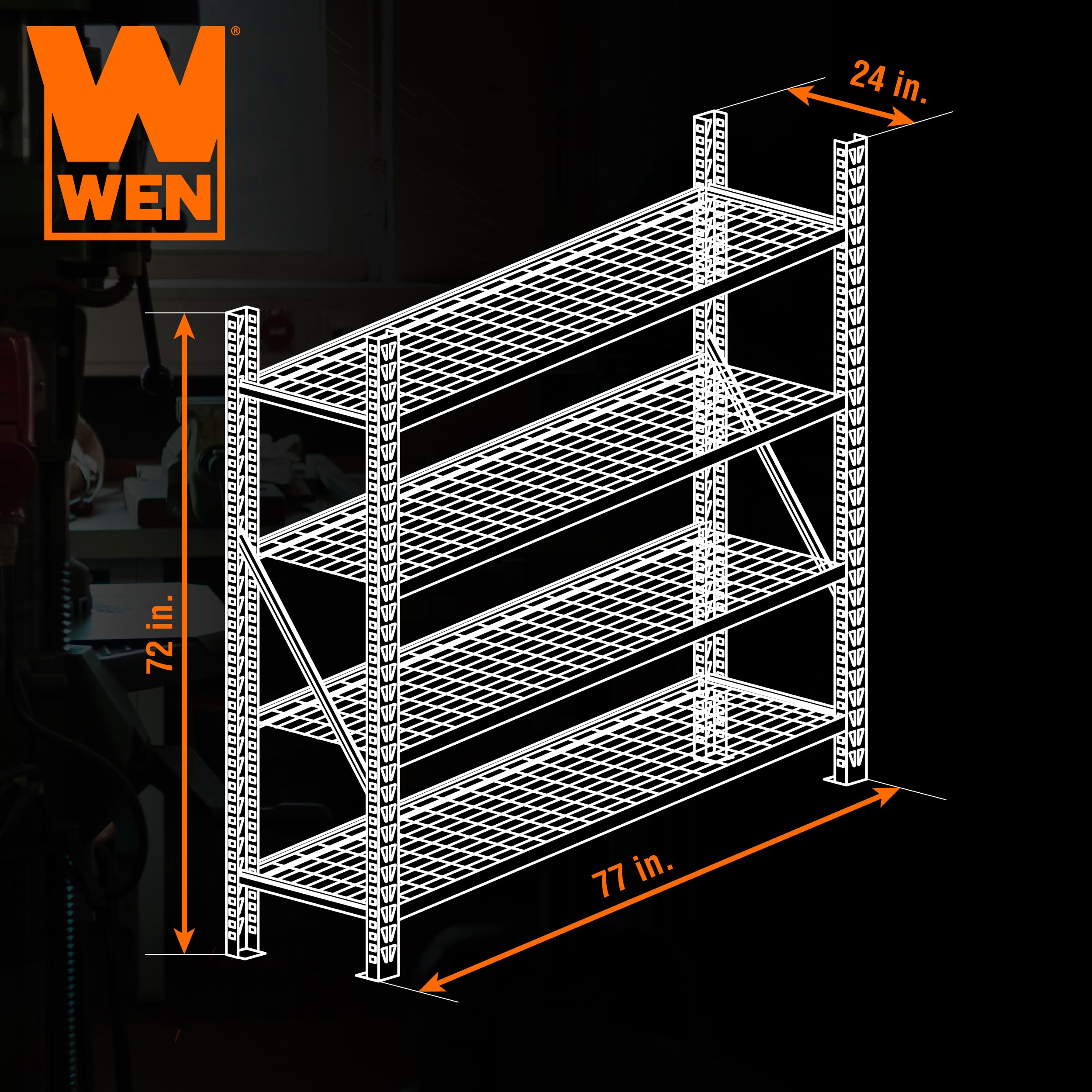 WEN Four-Tier Industrial Steel Storage Rack with Adjustable Shelving and 8000-Pound Capacity (RK7724-4)