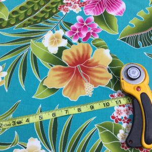 Turquiose Tropical Hawaiian Print Fabric 100% Cotton Sold by The Yard