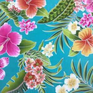 Turquiose Tropical Hawaiian Print Fabric 100% Cotton Sold by The Yard