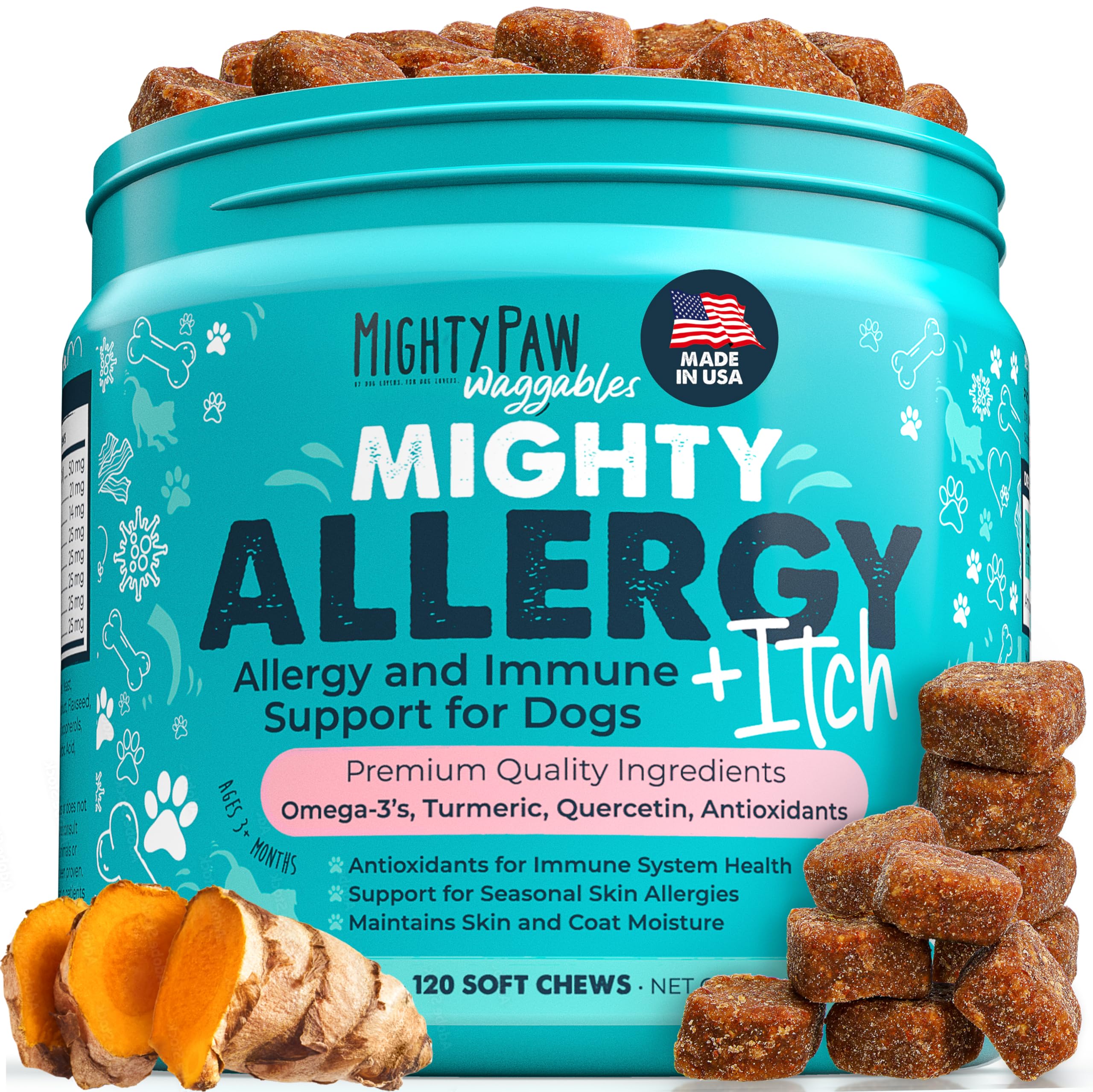 Mighty Paw Waggables Allergy Immune + Itch (Made in the USA) | Dog Allergy Chews Anti-Itch for Dogs. Dog Allergy Support Dog Vitamins for Skin and Coat Allergies. Omega 3 & Quercetin for Dogs (120 Ct)