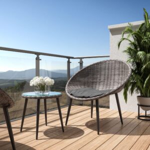 BELLEZE 3 Piece Modern Rattan Patio Bistro Set with Round Chairs and Glass Top Accent Table, Wicker Outdoor Conversation Set for Backyard or Porch - Hitia (Grey)