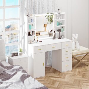 VoirStar Vanity Desk with Mirror & Light, Makeup Vanity with Lights, 6 Drawers Makeup Table with Mirror, 3 Lighting Colors, Dressing Table, Large Storage Vanity Desk with Shelf, White