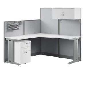 bush business furniture office in an hour 65w l shaped cubicle desk with storage, drawers, and organizers in pure white modern computer table set with privacy panels for commercial workspace