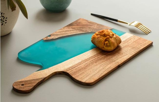 LAVAUK Acacia Wood & Epoxy cheese board | 16.5x10inch | Use as serving platter tray for charcuterie, appetizers, Snacks, dishes | Resin Cutting Board for fruits and vegetables | Turquoise