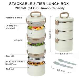 Lille Home Stackable Stainless Steel Thermal Compartment Tiffin Lunch/Snack Box, 3-Tier Insulated Bento/Food Container with Lunch Bag and Utensils, 88 OZ (Beige)