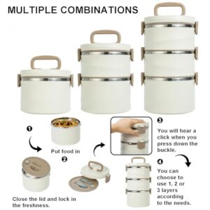 Lille Home Stackable Stainless Steel Thermal Compartment Tiffin Lunch/Snack Box, 3-Tier Insulated Bento/Food Container with Lunch Bag and Utensils, 88 OZ (Beige)