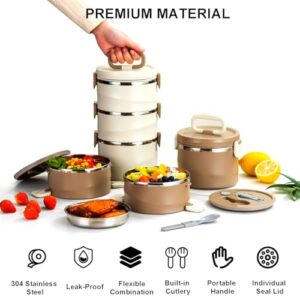 Lille Home Stackable Stainless Steel Thermal Compartment Tiffin Lunch/Snack Box, 3-Tier Insulated Bento/Food Container with Lunch Bag and Utensils, 88 OZ (Beige)