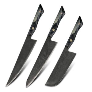 seido knives moretsuna knife set - 3 piece, 6-layer clad black oxide coating, vg10 super steel japanese chef, kiritsuke, and nakiri knives