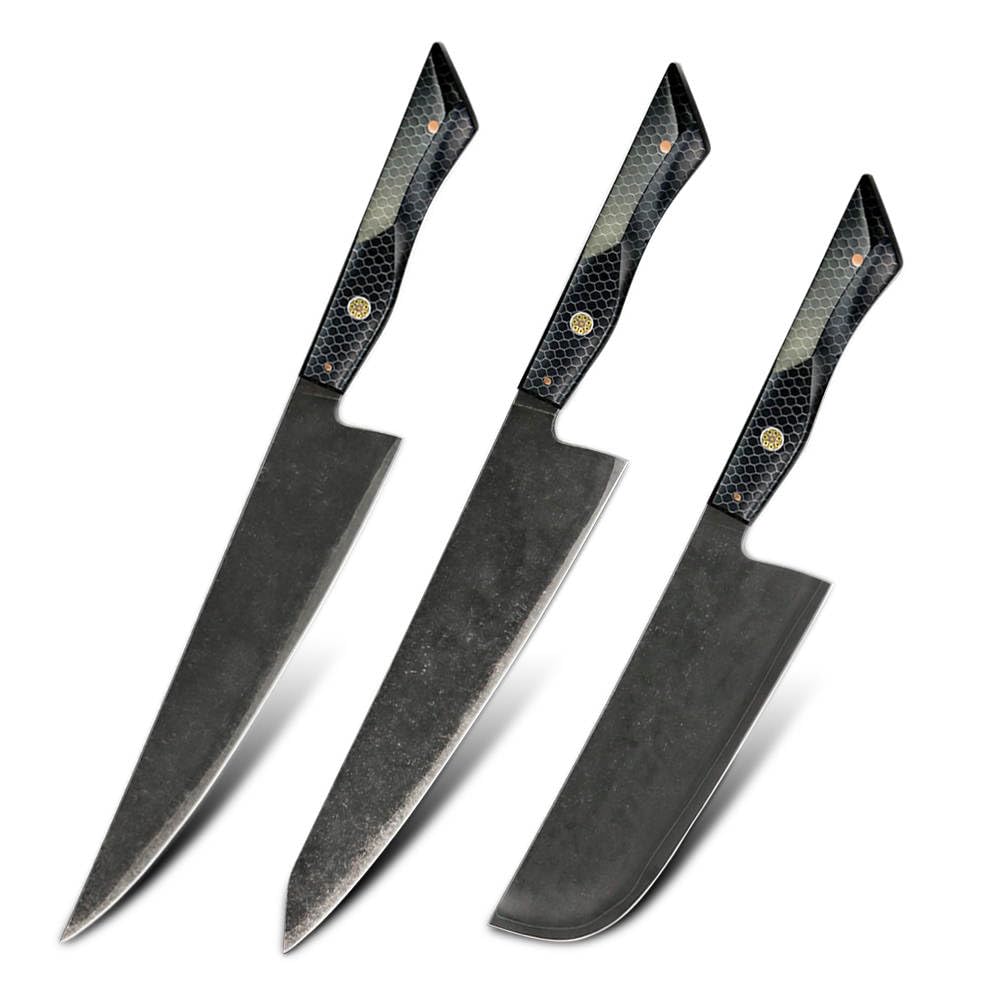 Seido Knives Moretsuna Knife Set - 3 Piece, 6-Layer Clad Black Oxide Coating, VG10 Super Steel Japanese Chef, Kiritsuke, and Nakiri Knives