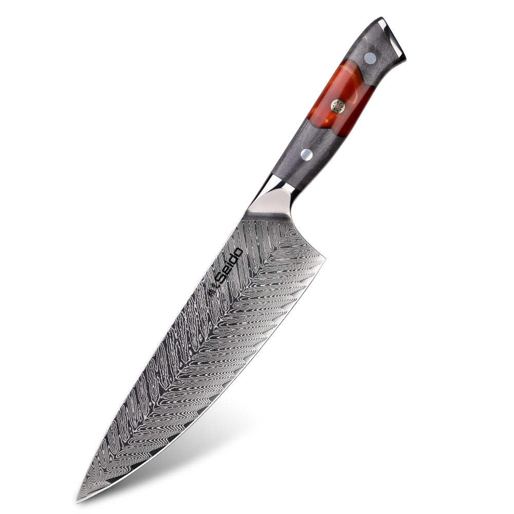 Seido Knives 8" Inferuno Gyuto AUS10 Damascus Chef Knife - Premium High-Carbon Stainless Steel Blade with Exquisite Damascus Pattern, Ergonomic Maple Wood Handle for Precision Cooking