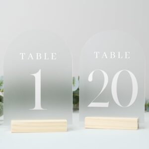 jinmury frosted arch wedding table numbers 1-20 with wood stands, 20 pack 5x7" frosted acrylic arch signs and wooden base, acrylic table numbers for wedding (frosted table numbers 1-20, 5"x7")