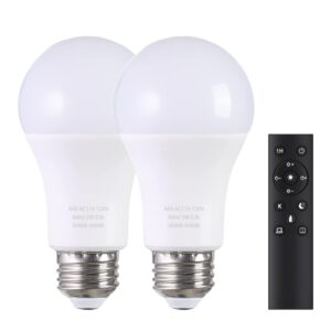 mxhme a19 led light bulbs with remote control, 800lm 9w (60w equivalent) bulbs,stepless dimmable 3000k-6000k,e26 base,cri 80+,2.4ghz,25000+ hours lifespan,light bulb for home decor,2bulb & 1remote