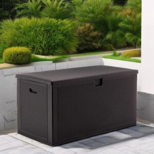 BTEXPERT 150 Gallon Large Resin Deck Box, Outdoor Storage Container for Patio Furniture Cushions Garden Tools Pool Toys Sports Equipment Waterproof Lockable Stainless Steel Metal insert rod