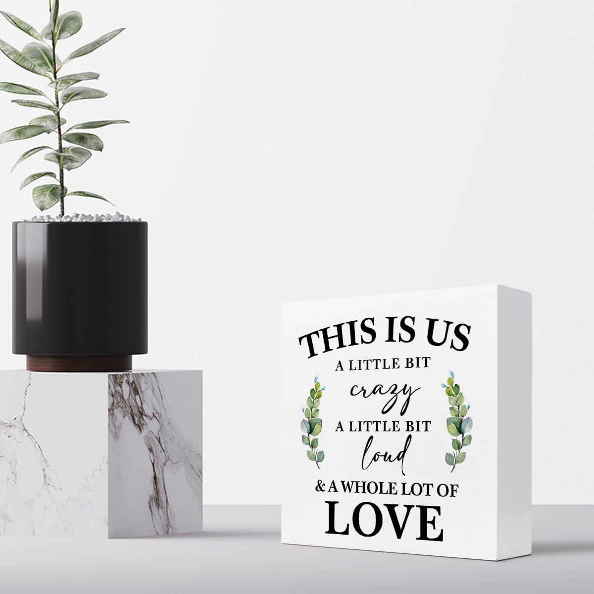 This is Us a Little Bit Crazy a Little Bit Loud and a Whole Lot of Love Wood Block Sign Desk Decor,Inspirational Family Quote Wooden Box Plaque Sign Desk Decor for Home Shelf Table Decorations