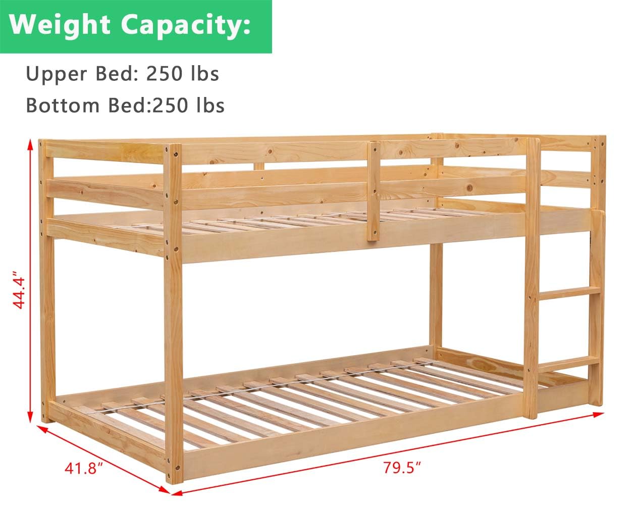 Anwick Twin Over Twin Low Bunk Bed with Stairs and Rails, Wooden Bunk Beds Frame with Safety Guardrail and Slats for Toddlers, Kids, Teens, Boys, Girls, Noise-Free (Natural)