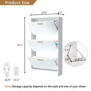 NOVAMAISON Narrow Shoe Storage Cabinet, Shoe Cabinet for Entryway with 3 Flip Drawers, Wood Hidden Shoe Storage, Freestanding Shoe Organizer for Hallway, Bedroom, Apartment, White