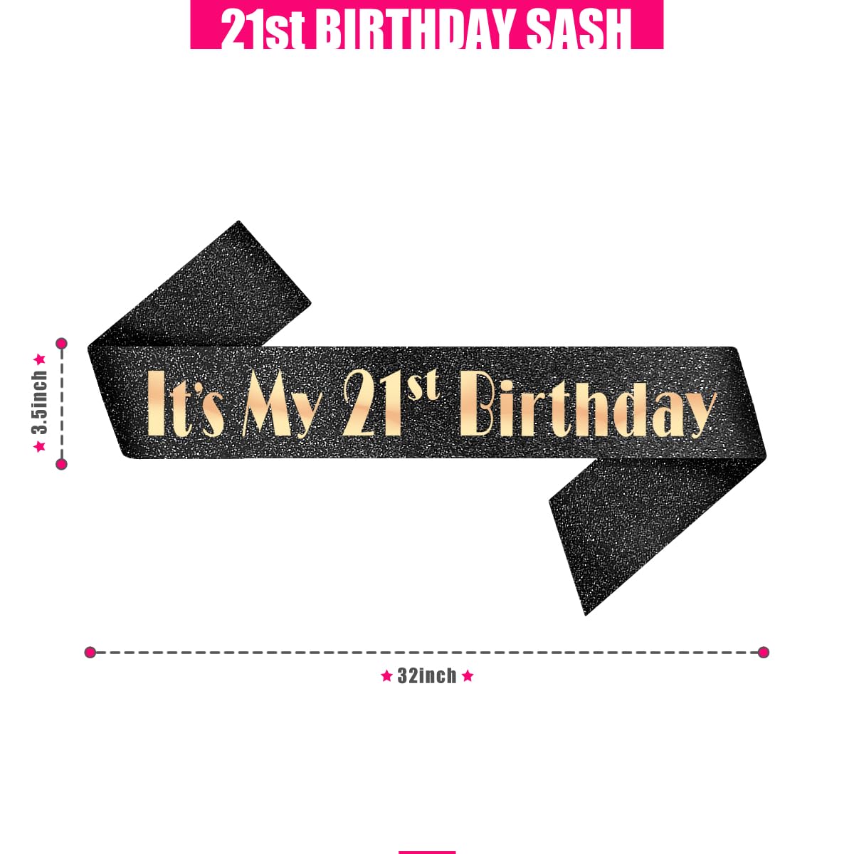 PartyForever 21st Birthday Decoration Sash for Women Black 32 inch Long Sash with Rose Gold "It's My 21st Birthday" Letters for Her