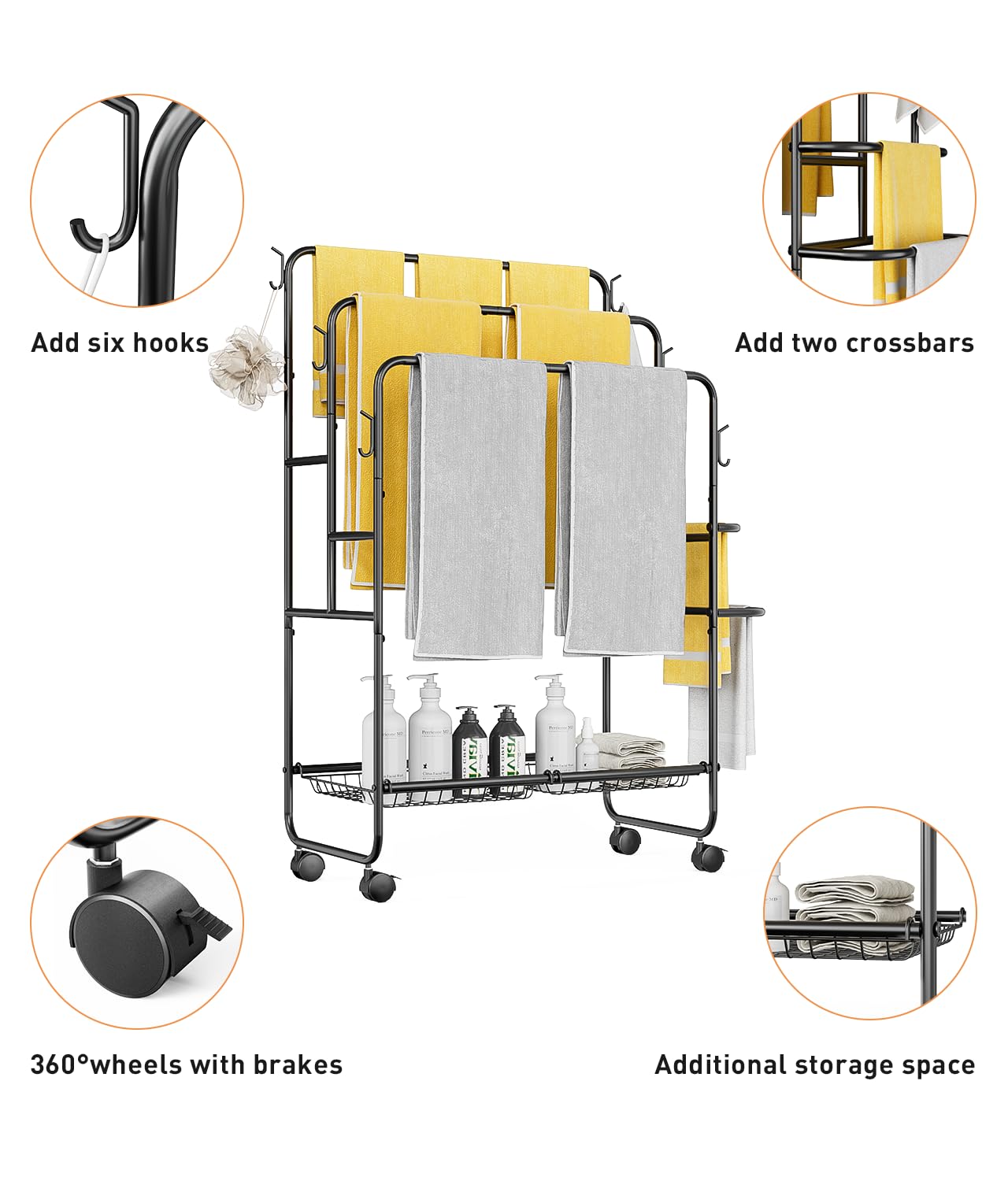 JANE EYRE Freestanding Towel Rack - 40'Standing Pool Towel Rack Outdoor, Towel Drying Rack for Bathroom 3-Tier Towel Rack Stand (Towel-S)