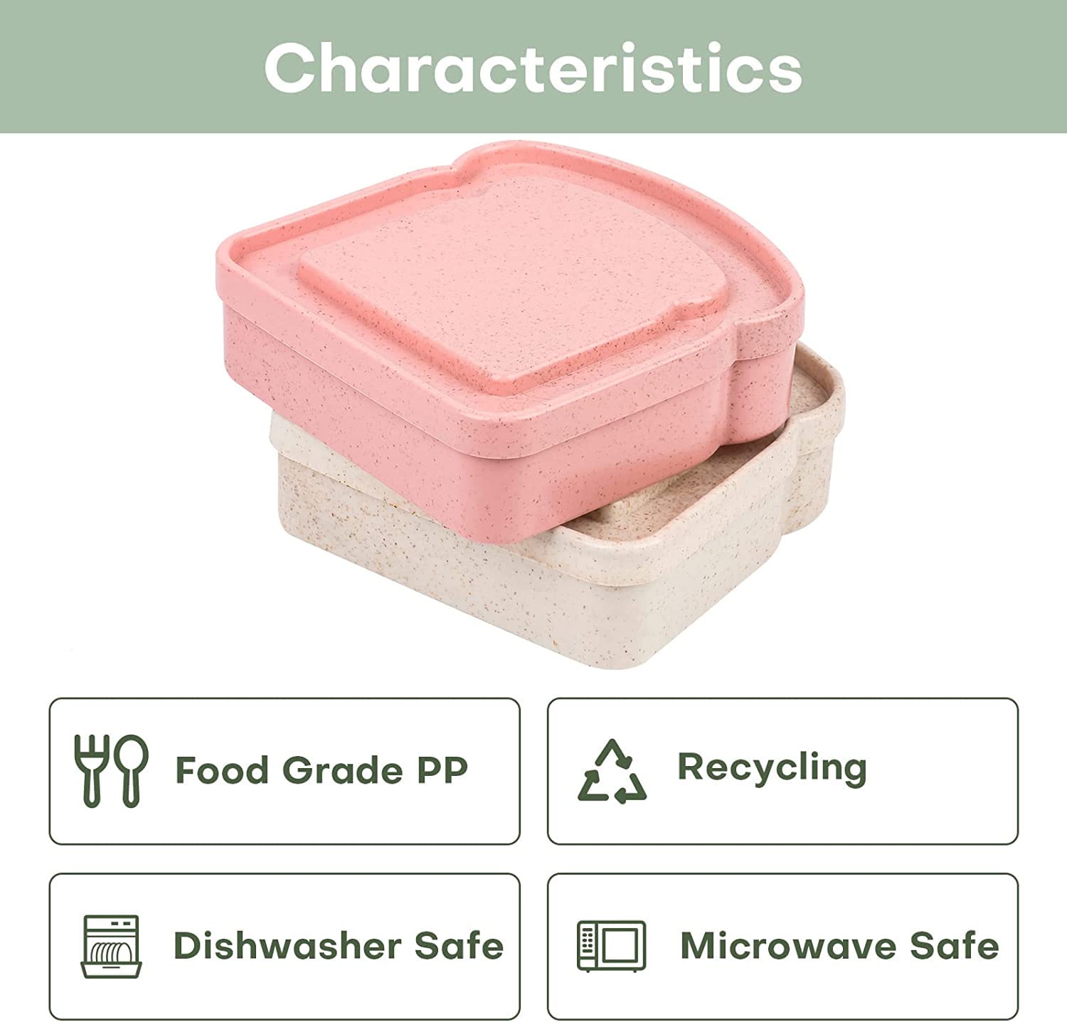 NADUSEP Sandwich Containers, 2 Pcs Sandwich Box Food Storage Toast Shape Holder Plastic for Lunch, Sandwich Keeper for Adults Prep Microwave (Pink Green)