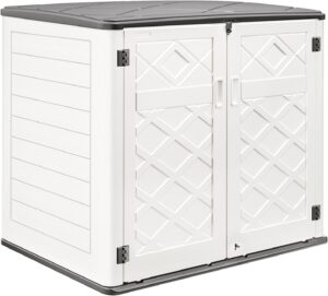 gizoon 50 cu. ft horizontal outdoor storage shed, hdpe patio storage cabinet weather resistance, storage box waterproof with reinforced floor double lockable doors for garden, patios, backyards, white