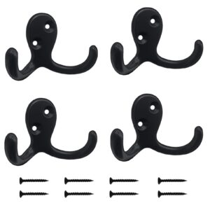 kruodop 4 pack wall hooks wall mounted coat hooks for hanging heavy duty, black towel hooks, metal double coat hanger with screws cup retro for coats, handbags, towels, hat