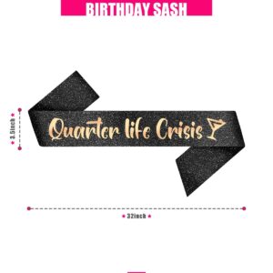 PartyForever 25th Birthday Sash Decorations for Her Quarter Life Crisis Sash Made of Black Glitter Fabric with Rose Gold Letters for Women