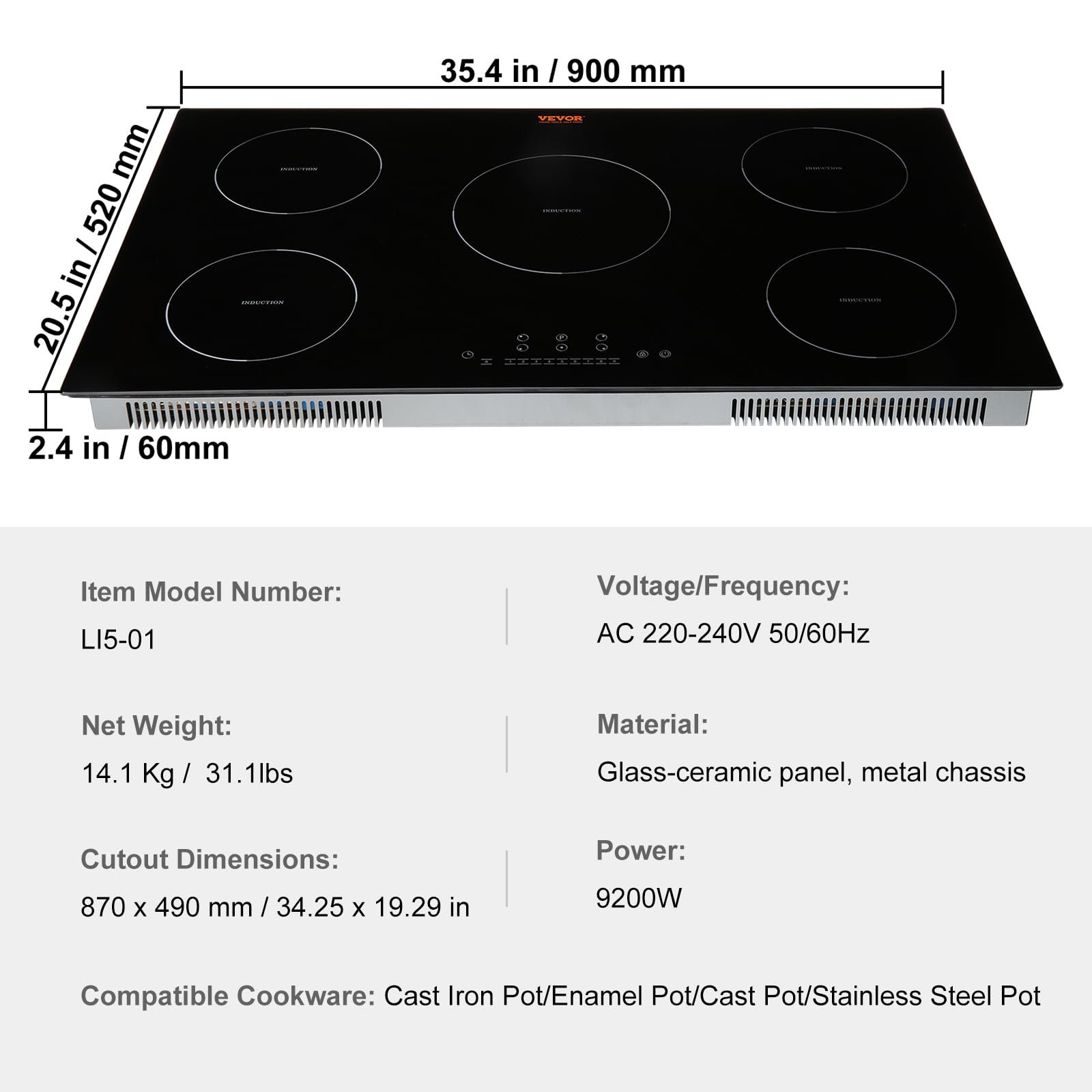 VEVOR Electric Cooktop, 5 Burners, 36'' Induction Stove Top, Built-in Magnetic Cooktop 9200W, 9 Heating Level Multifunctional Burner, LED Touch Screen w/Child Lock & Over-Temperature Protection