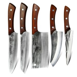 seido 5-piece caveman butcher knife set - precision forged high-carbon stainless steel blades with black oxide finish - ergonomic mahogany handles in reddish-brown