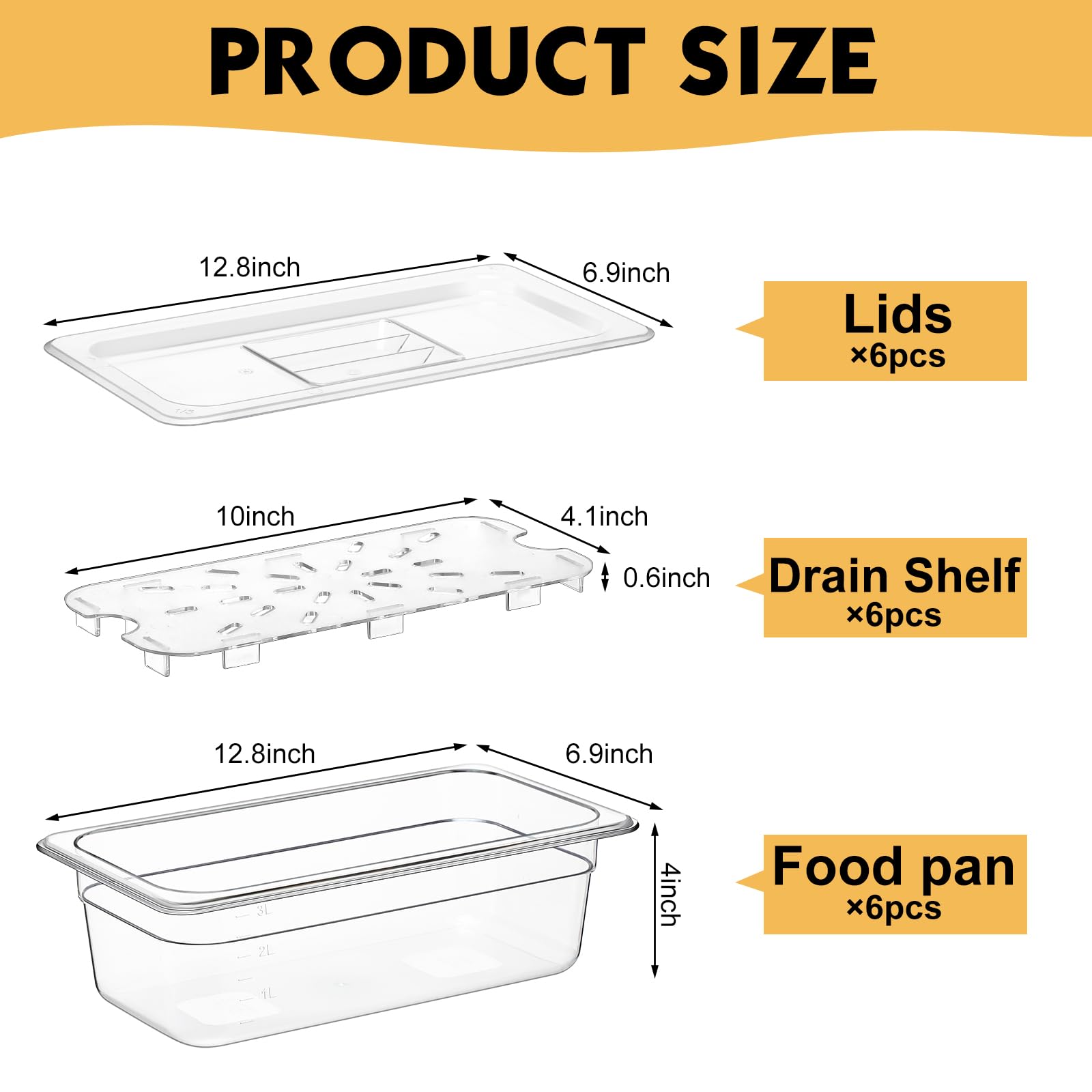 Sunnyray 6 Set 1/3 Size Polycarbonate Food Pans with Lids and Drain Shelf Clear Square Food Storage Containers for Kitchen Restaurant Fruit Vegetable Food Container and Storage (4 Inch Deep)