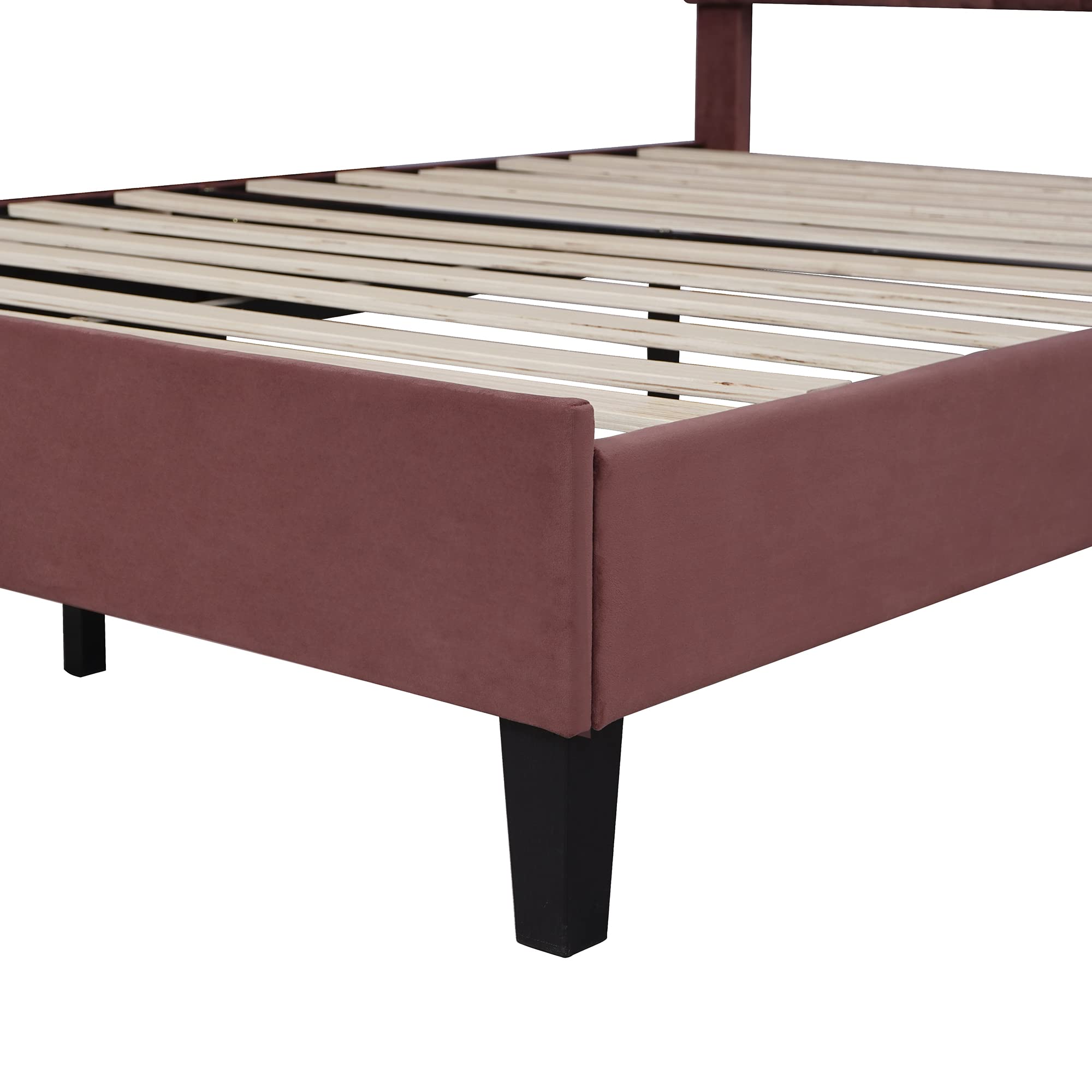 Velvet Full Size Platform Bed with Flower Pattern Headboard, Upholstered Full Bed Frame with Wood Slat Support for Bedroom, Easy Assembly, Noise-Free, No Box Spring Needed, Bean Paste Red