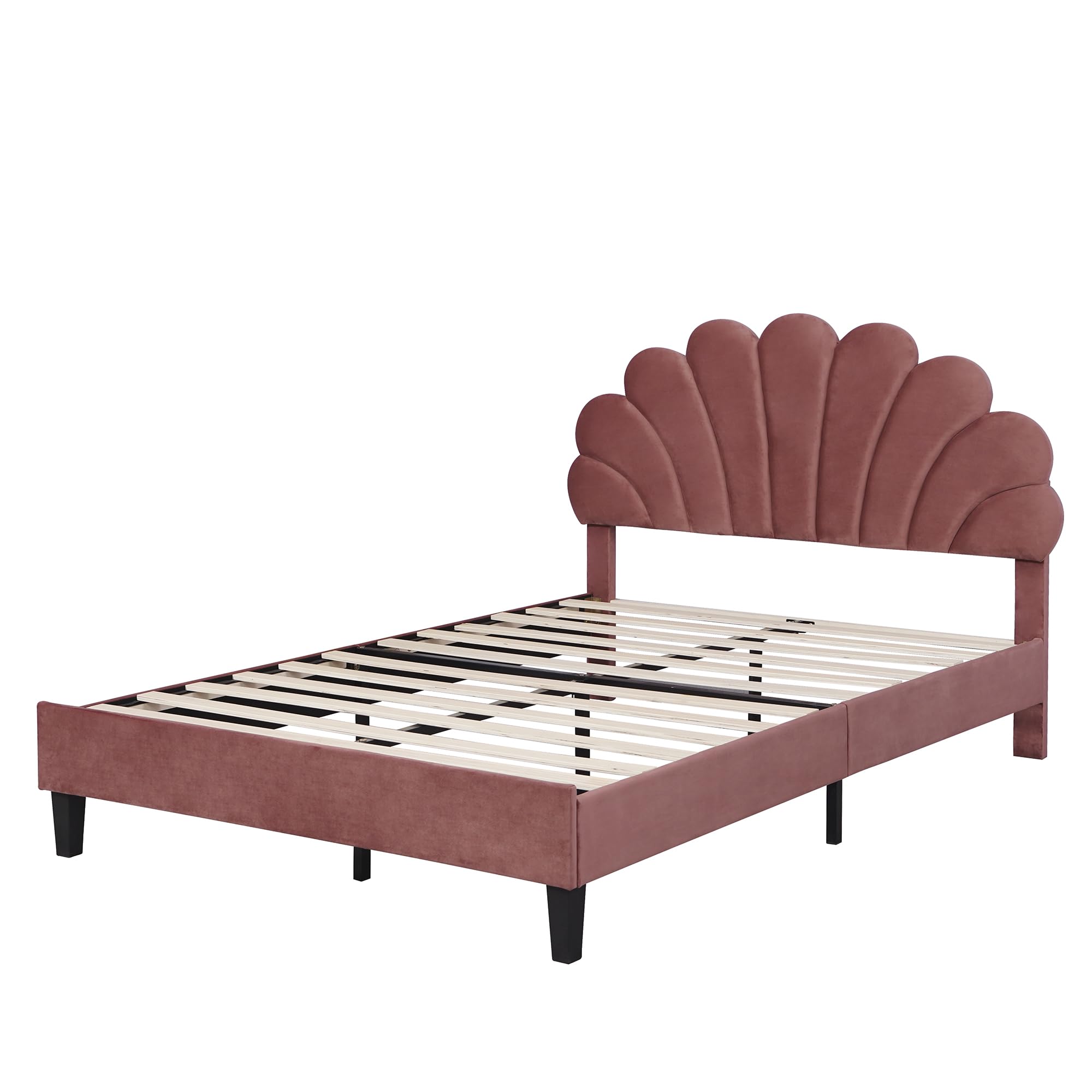 Velvet Full Size Platform Bed with Flower Pattern Headboard, Upholstered Full Bed Frame with Wood Slat Support for Bedroom, Easy Assembly, Noise-Free, No Box Spring Needed, Bean Paste Red