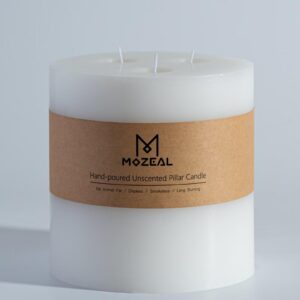 mozeal extra large 3 wick white pillar candle, 6" x 6", unscented, dripless, smokeless, and clean-burning. approx. 120 hours of burn time. perfect for weddings, dinners, christmas and home decor