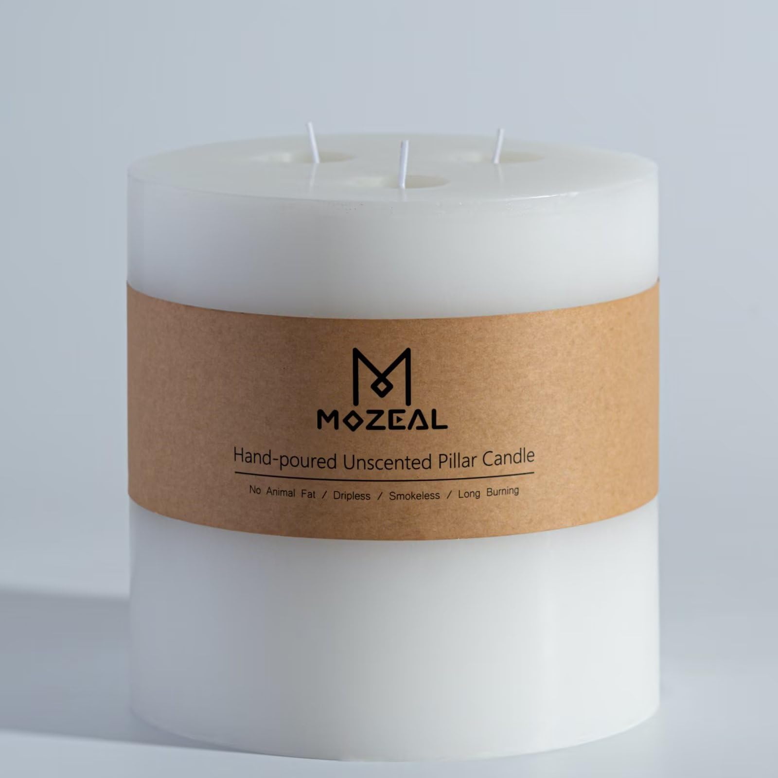 MOZEAL Extra Large 3 Wick White Pillar Candle, 6" x 6", Unscented, Dripless, Smokeless, and Clean-Burning. Approx. 120 Hours of Burn Time. Perfect for Weddings, Dinners, Christmas and Home Decor