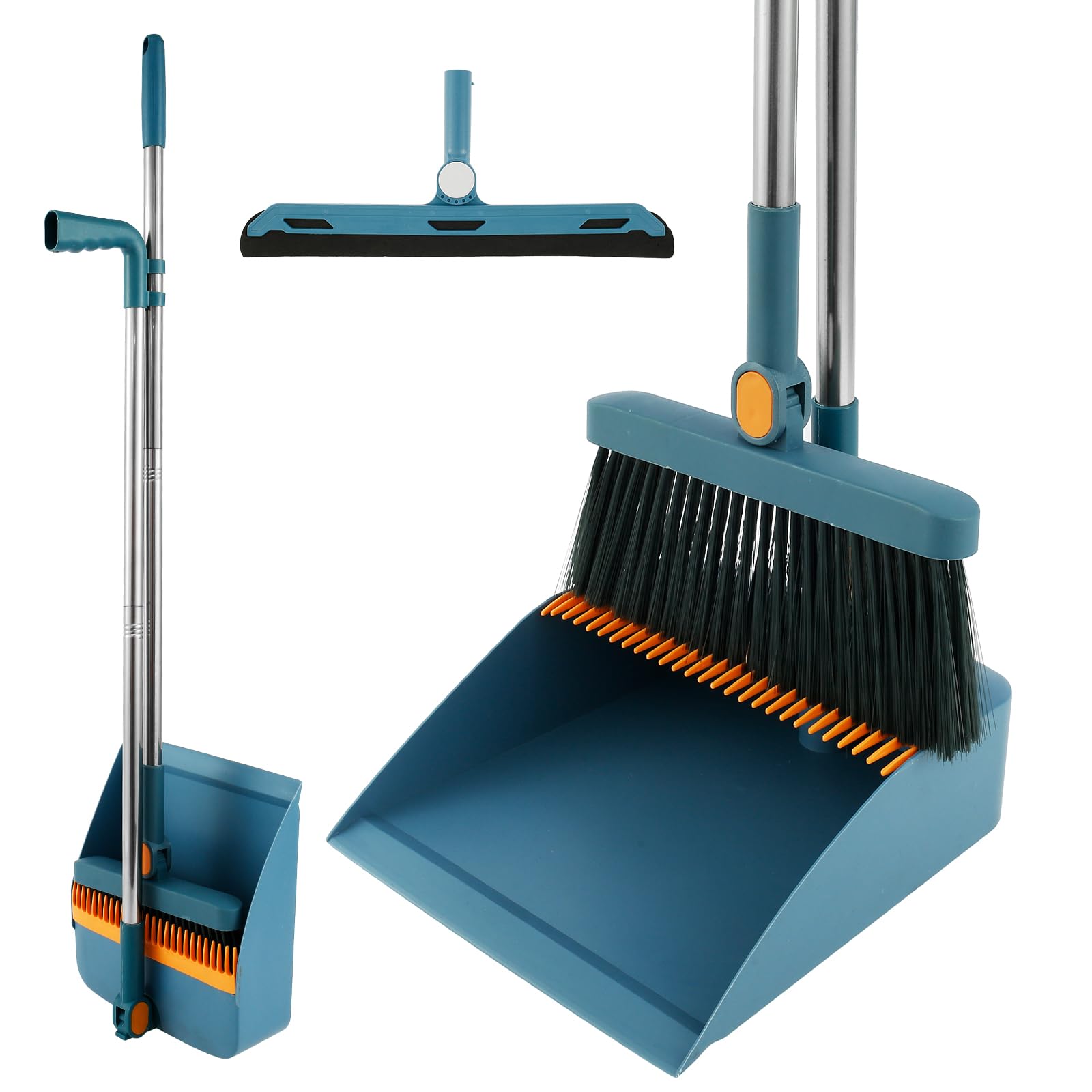 Broom and Dustpan Set for Home, 180° Rotating Broom Combo, Foldable Floor Sweeping Set with Long Handle, Stand Dustpan and Broom Combo with Comb Teeth for Office Kitchen Lobby Floor Cleaning (Blue)