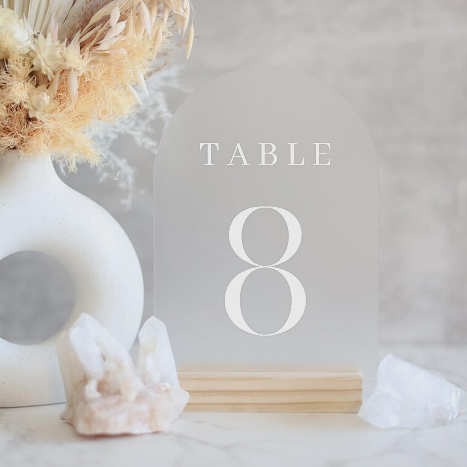 JINMURY Frosted Arch Wedding Table Numbers 1-15 with Wood Stands, 5x7" Frosted Acrylic Arch Signs and Wooden Base, Acrylic Table Numbers for Wedding (Frosted Table Numbers 1-15, 5"x7")