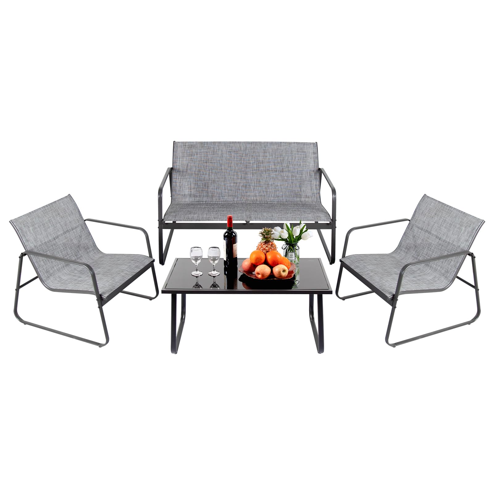 DUMOS 4 Pieces Patio Furniture Set Outdoor Patio Conversation Sets Poolside Lawn Chairs with Glass Coffee Table Porch Furniture for Courtyard, Garden and Balcony (Grey)