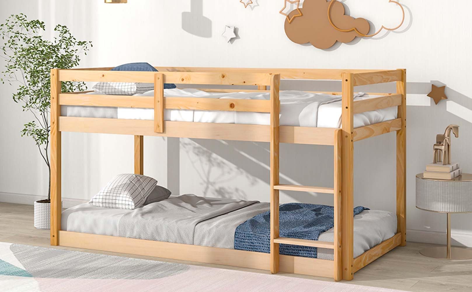 Anwick Twin Over Twin Low Bunk Bed with Stairs and Rails, Wooden Bunk Beds Frame with Safety Guardrail and Slats for Toddlers, Kids, Teens, Boys, Girls, Noise-Free (Natural)