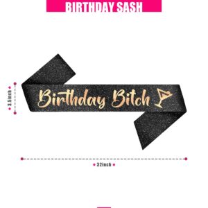 PartyForever Birthday Decoration Sash for Women Black 32 inch Long Sash with Rose Gold Birthday Bitch Letters for 21st, 30th, 40th or 50th Birthday