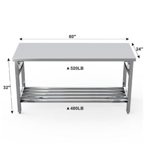 Stainless Steel Table, 24 x 60 Inches Folding Heavy Duty Table for Kitchen, Commercial Stainless Steel Prep Table with Adjustable Undershelf, for Restaurant, Home and Hotel