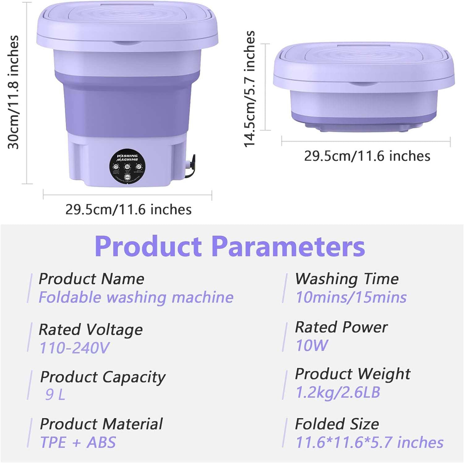 MacLehose Mini Portable Washing Machine, Mini Washer and Dryer Combo, 9L,Foldable,Mini Washer for Baby Clothes, Underwear or Socks,Small Clothes, Camping&Travel Laundry,Portable Washer Machine(purple)