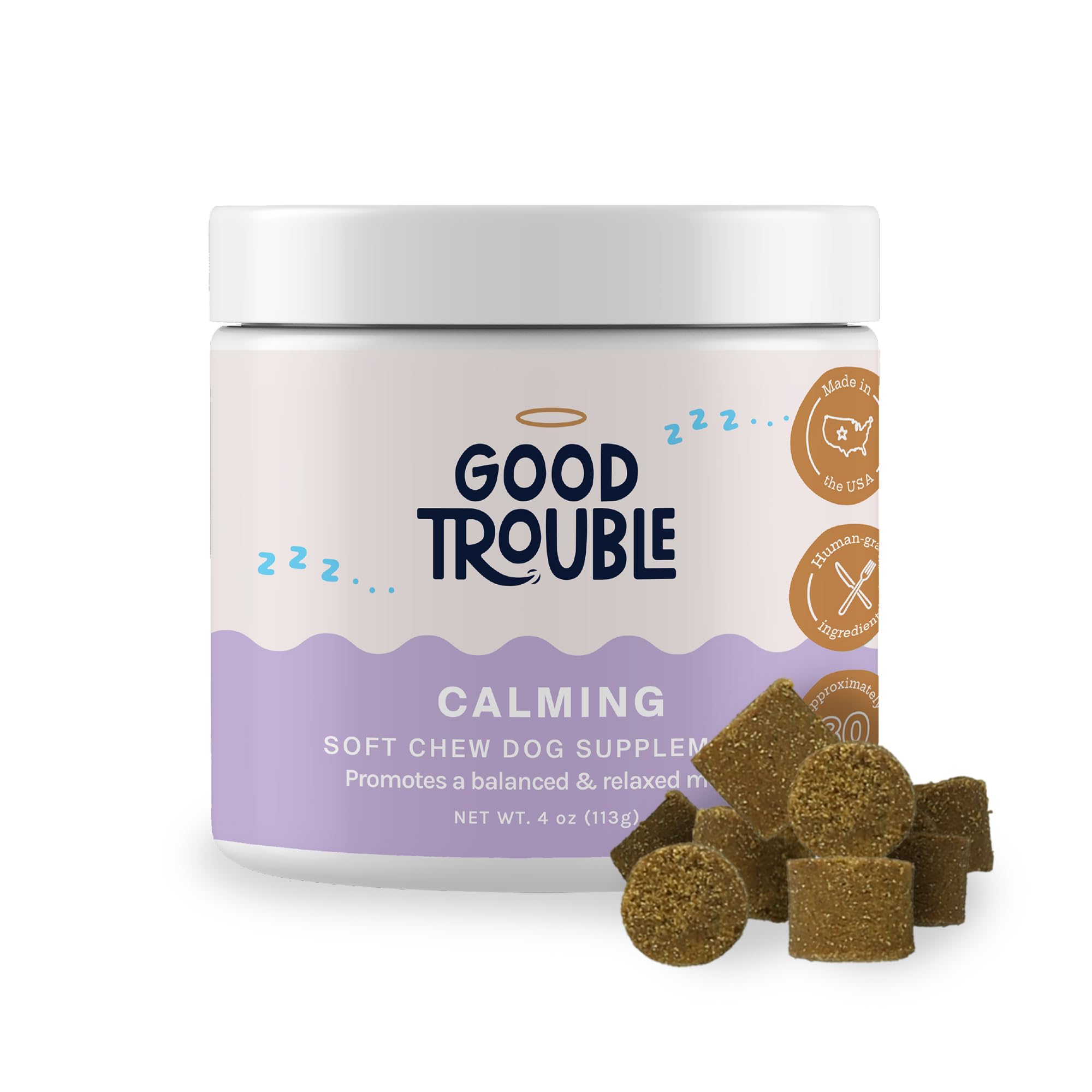 Dog Calming Treats with Natural Ingredients, cGMP-Certified & Made in The USA - Calm Chews for Dogs That Ease Anxiety and Stress, Human-Grade Calm Dog Treats, 30 Chews - Good Trouble Pets