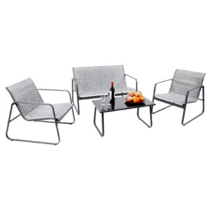 DUMOS 4 Pieces Patio Furniture Set Outdoor Patio Conversation Sets Poolside Lawn Chairs with Glass Coffee Table Porch Furniture for Courtyard, Garden and Balcony (Grey)