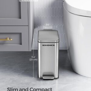 SONGMICS Bathroom Trash Can and Toilet Brush Set, 1.3 Gallon Small Trash Bin with Lid, Slim for Small Spaces, Stainless Steel Garbage Can, Soft Close, Silver ULTB560E0501