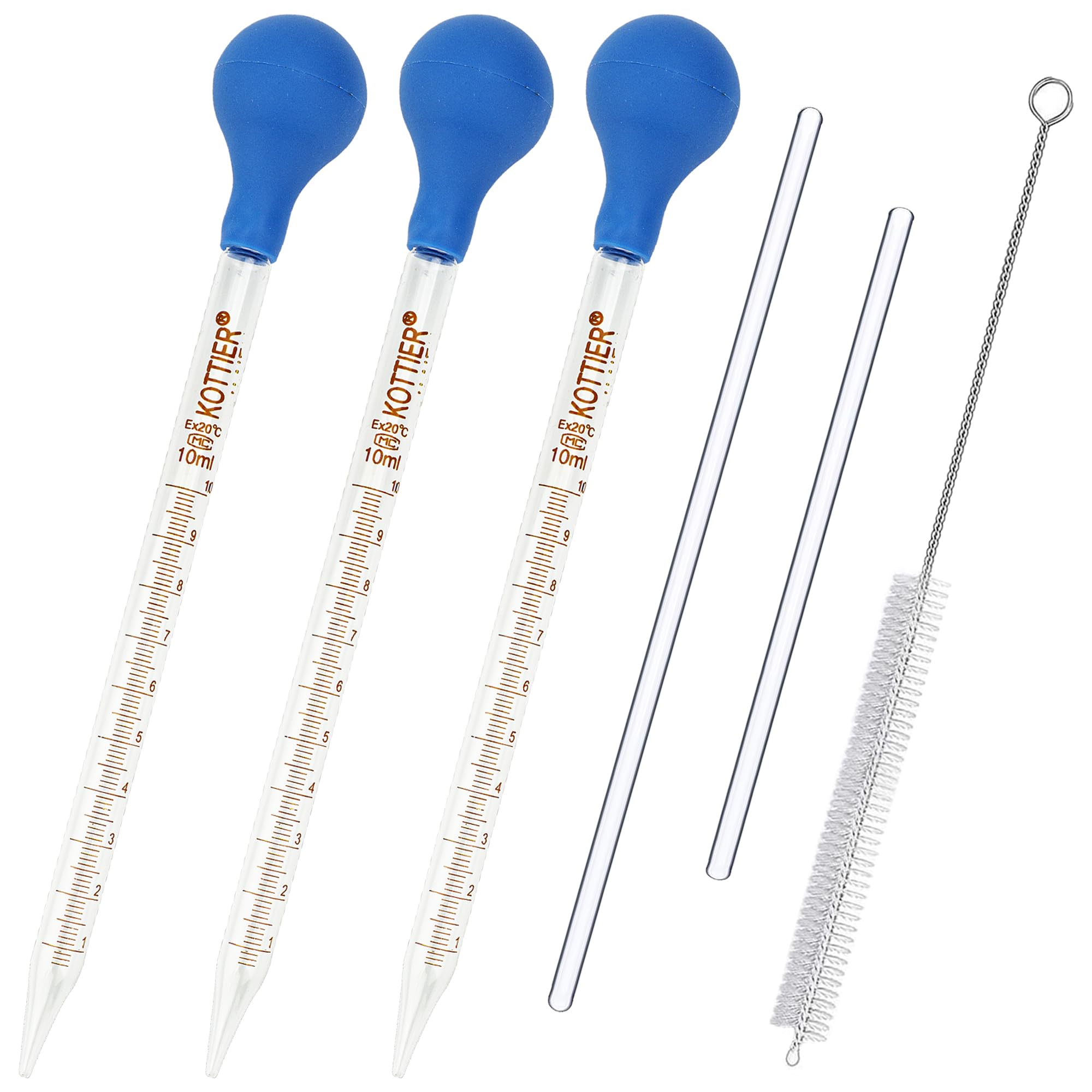 3Pcs Glass Pipettes Dropper, 10ml Graduated Liquid Dropper with 2 Stirring Rod, Rubber Bulb and Cleaning Brush, Transfer Pipettes for Essential Oil