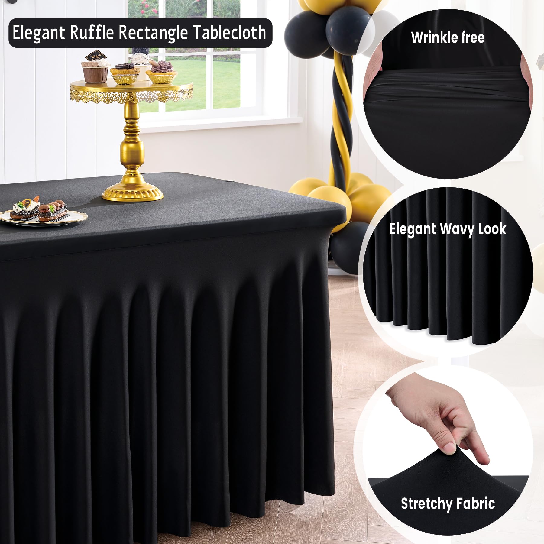 Outpain Spandex Tablecloth for 6 Foot Rectangle Tables, 2 Pack Black Wrinkle Free Fitted Table Cloths 6ft Stretchy Banquet Table Clothes Cover Desk Skirt for Birthday Wedding Parties Baby Shower