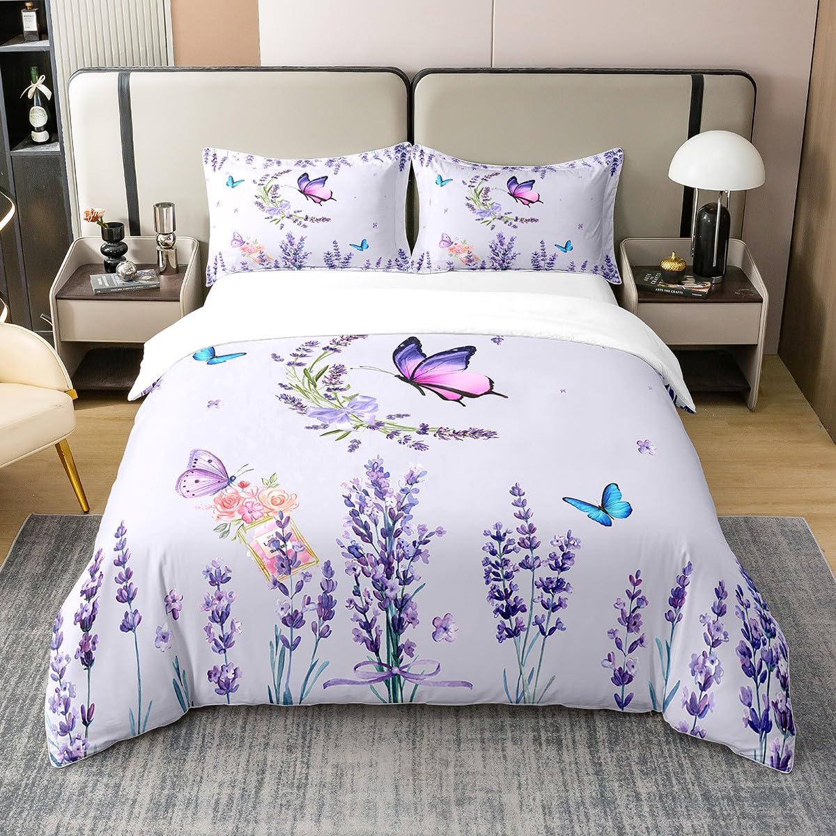 Manfei Lavender 100% Organic Cotton Comforter Cover Purple Flower Butterfly Duvet Cover Set Queen Size for Bedroom Botanical Floral Wild Plants Bedding Set with 2 Pillowcases