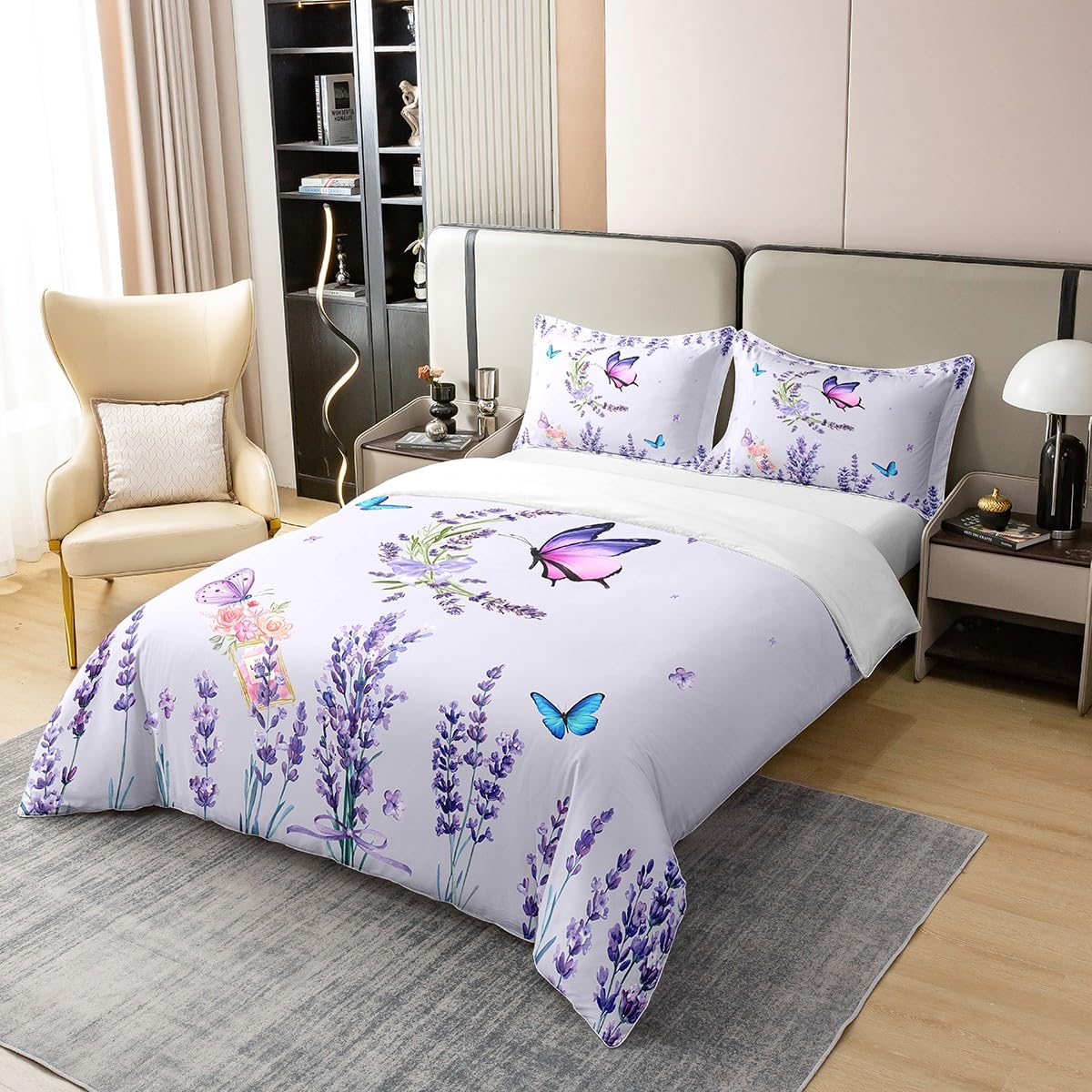 Manfei Lavender 100% Organic Cotton Comforter Cover Purple Flower Butterfly Duvet Cover Set Queen Size for Bedroom Botanical Floral Wild Plants Bedding Set with 2 Pillowcases