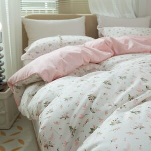 Floral Girls Duvet Cover Full Size Cotton Pink Floral Duvet Cover Chic Garden Flower Bedding Sets Lightweight Soft Aesthetic Floral Comforter Cover 1 Full Duvet Cover with 2 Pillowcases, No Comforter