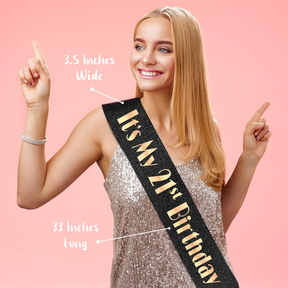 PartyForever 21st Birthday Decoration Sash for Women Black 32 inch Long Sash with Rose Gold "It's My 21st Birthday" Letters for Her